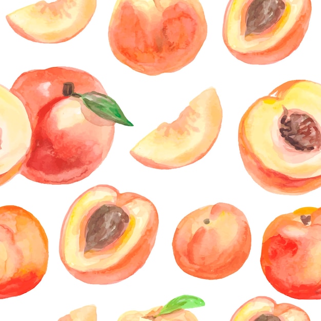 Peach watercolor pattern Seamless background of sweet fruits Vector illustration