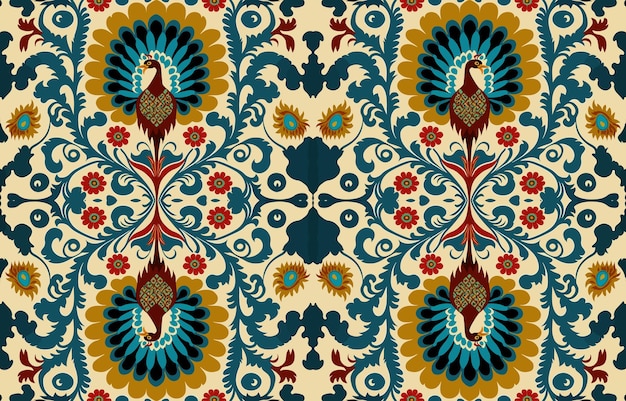 Peacock fabric pattern Abstract fabric textile line graphic peacock bird antique style Ethnic flower