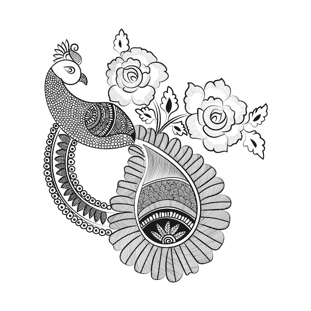 Peacock and flower hand drawn line art design