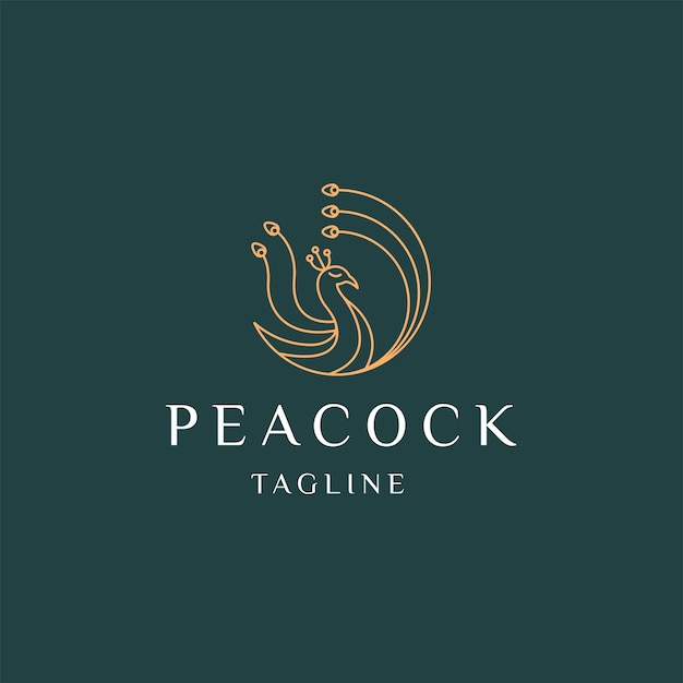 Peacock line art elegant gold logo icon design template flat vector illustration