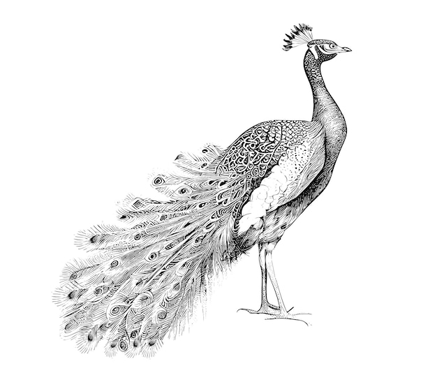 Peacock sketch, hand drawn in engraving style Vector illustration