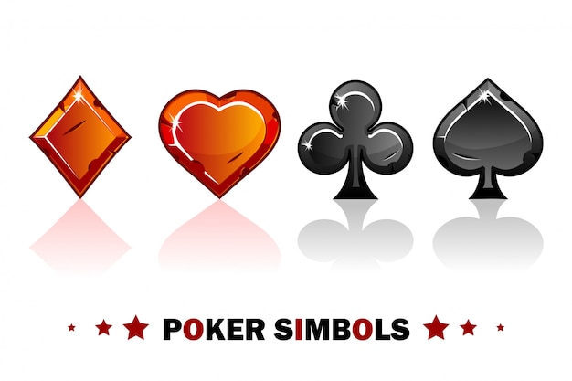 Peak, tref, chirva and tambourine, red and black old Poker symbols of playing cards.