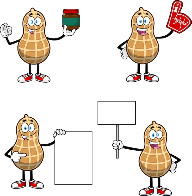 Peanut Cartoon Character In Different Poses Vector Hand Drawn Collection Set