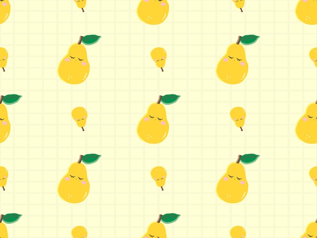 Pear cartoon character seamless pattern on yellow background