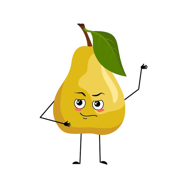 Pear character with emotions of hero, brave face, arms and leg. Person with courage expression, fruit emoticon. Vector flat illustration