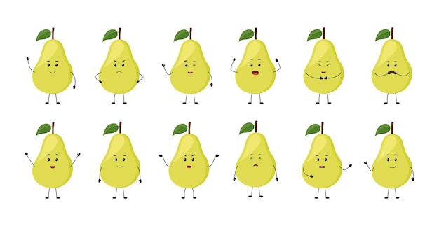 Pear Cute fruit characters with different emotions vector illustration