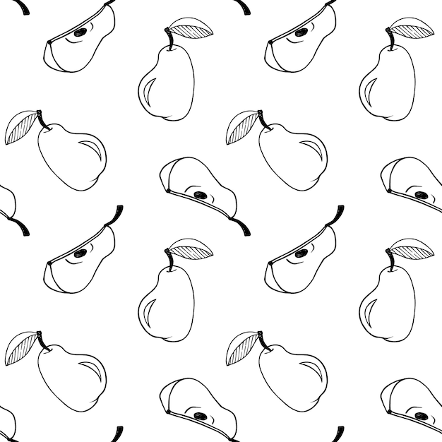 Pear fruit line art seamless pattern background with doodles