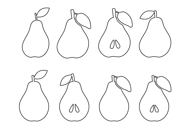 Pear Minimalistic simple fruit element Outline line doodle style Sliced pears with seeds Isolated on a white background Vector illustration