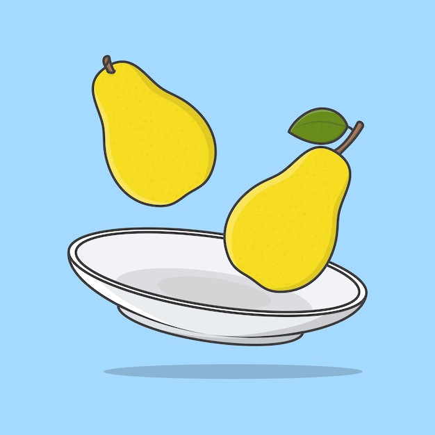 Pear On A Plate Cartoon Vector Illustration Pear Fruit Flat Icon Outline