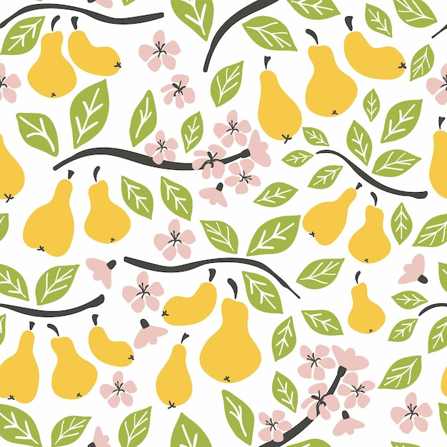 Pear seamless pattern pear on brunch fruit flowers Summer background Wallpaper or print packaging or paper textile design doodle flat Vector illustration