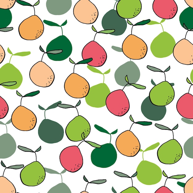 Pear seamless vector pattern Colored pears with silhouettes and shadows with leaves and dots on a colored background