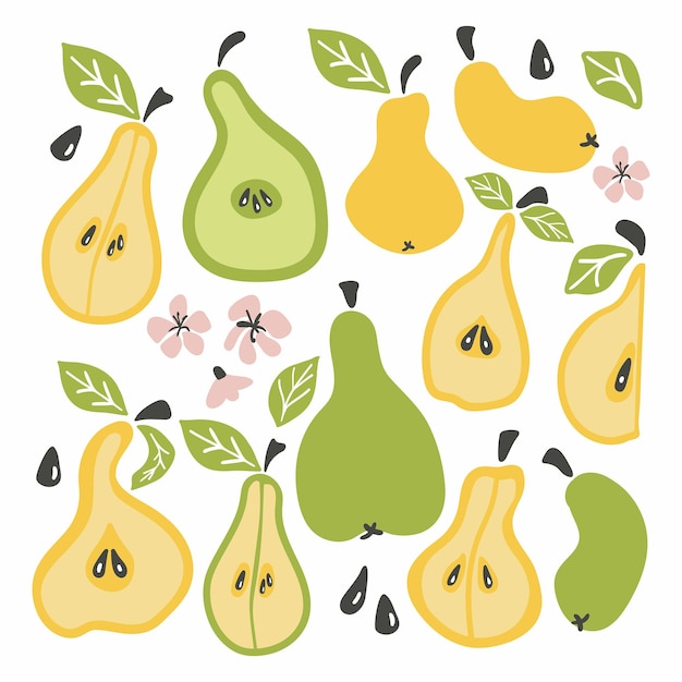 Pear set Fruit whole chopped half quarter cut slices pear leaves cartoon doodle bright collection Hand drawn vector illustration