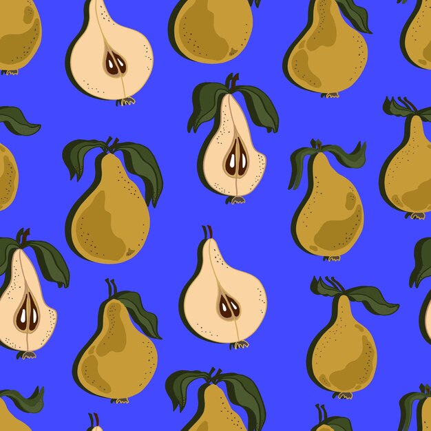 Pears with leaves whole and chopped Pear seamless pattern Background for wallpaper fabric paper scrapbooking menu and packaging