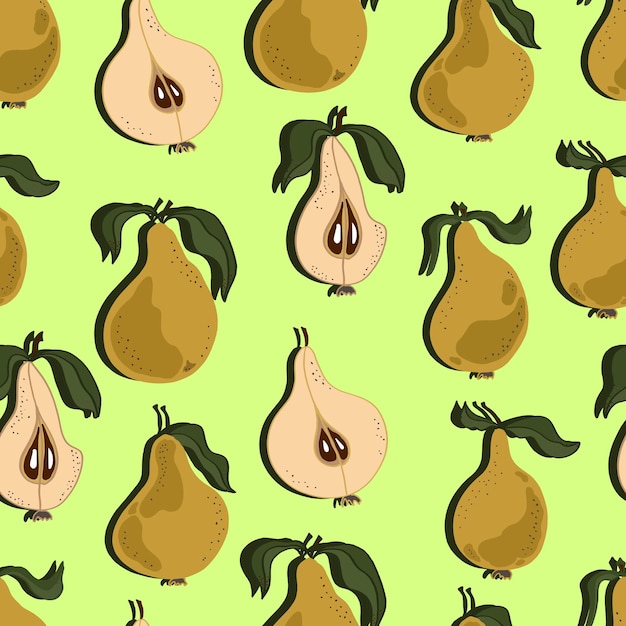 Pears with leaves whole and chopped Pear seamless pattern Background for wallpaper fabric paper scrapbooking menu and packaging