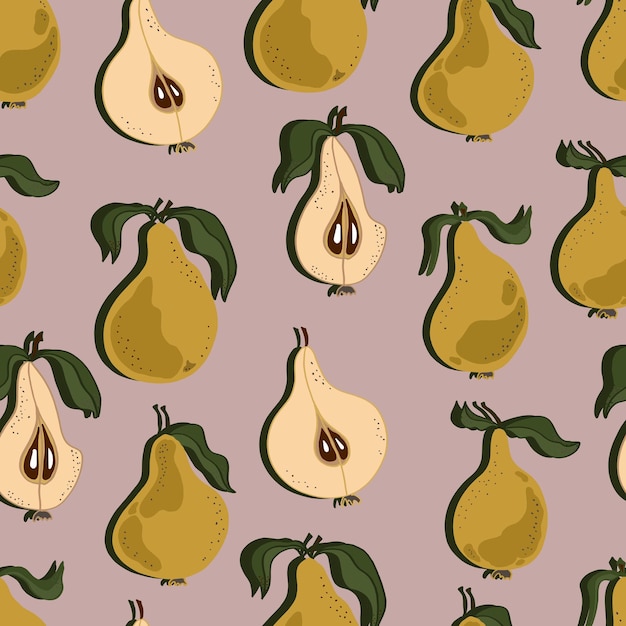 Pears with leaves whole and chopped Pear seamless pattern Background for wallpaper fabric paper scrapbooking menu and packaging