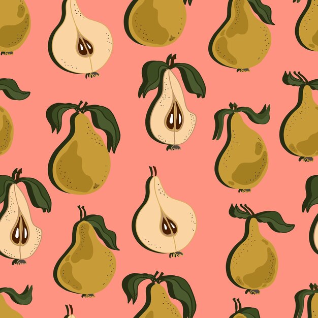 Pears with leaves whole and chopped Pear vector seamless pattern Background for wallpaper fabric paper scrapbooking menu and packaging