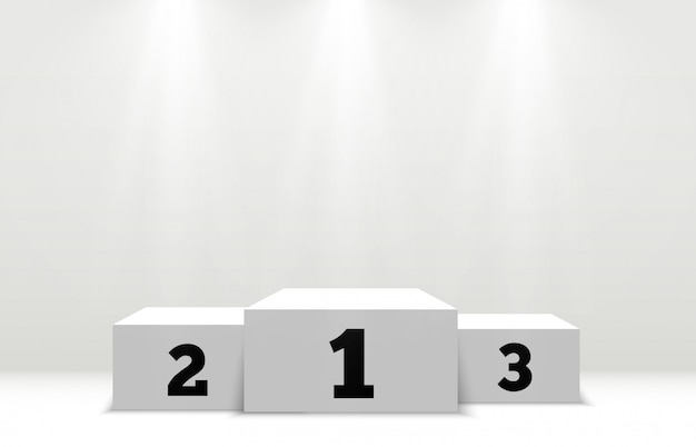 Pedestal for rewarding the winners. White podium or platform with spotlights.