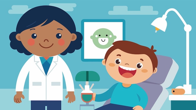 Vector pediatric dentist and happy child in dental office