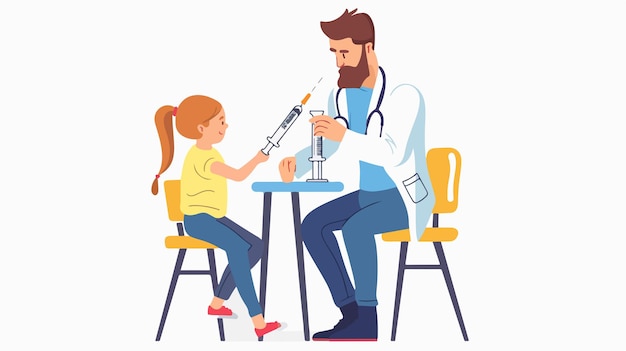 Vector pediatric doctor administering vaccination to child handdrawn illustration