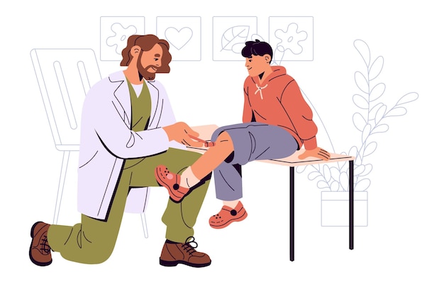 Pediatric doctor testing reflexes of boy with neurological hammer Pediatrician neurologist examines kid Medic cares about children health Flat isolated vector illustration on white background