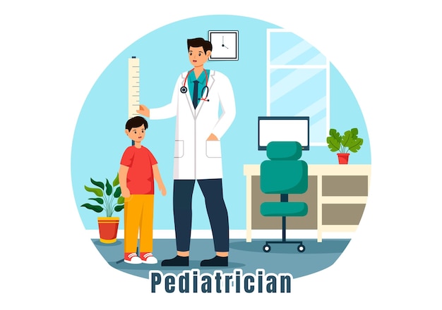 Vector pediatrician vector illustration with examines sick kids for medical development