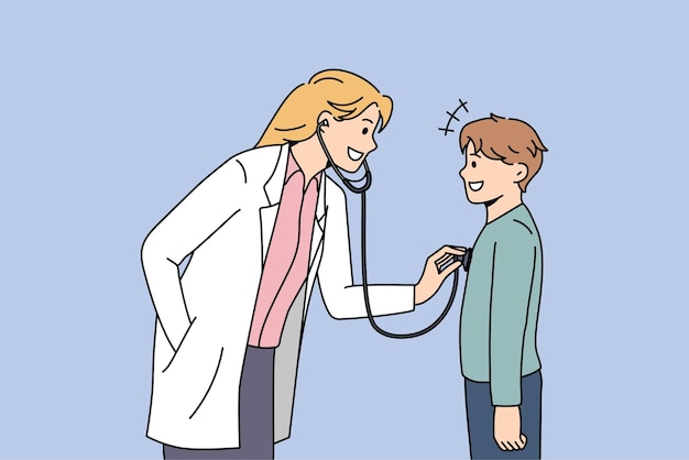 Pediatrician working in healthcare concept. Young smiling woman pediatrician standing and examining little boy patient with stethoscope vector illustration