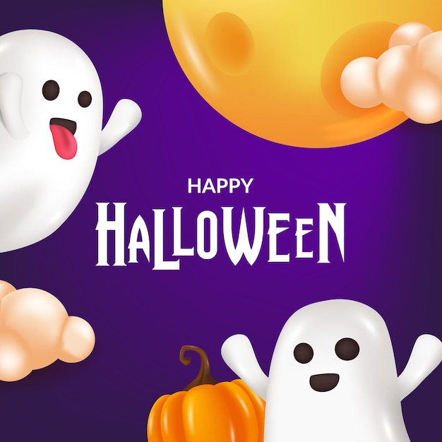 Peek a boo happy halloween spirit ghost 3d cute emoji with moon and purple night background