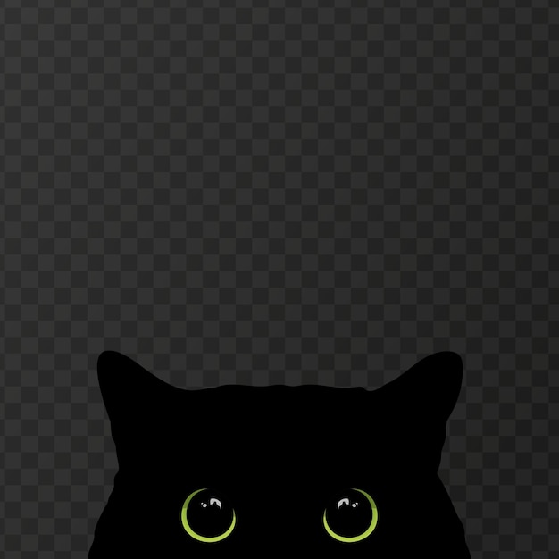 Vector peeking black cat with big green eyes isolated on dark transparent background