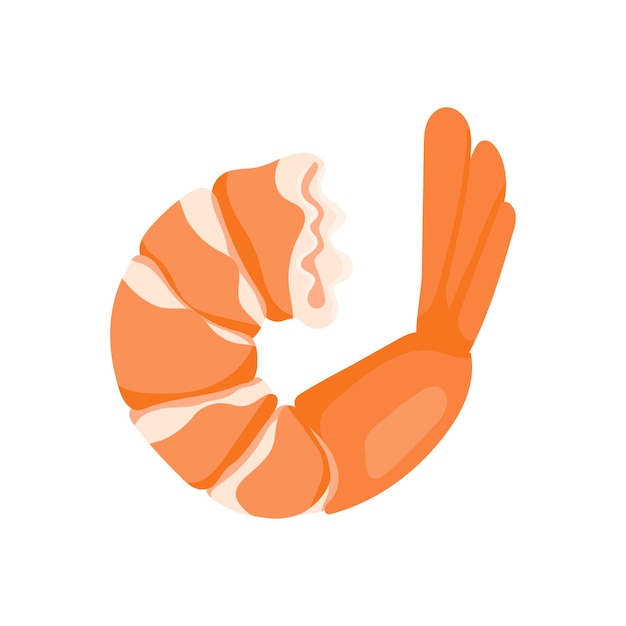 Peeled boiled shrimp with a tail in cartoon style Icon or badge with a dish for Asian cuisine and seafood