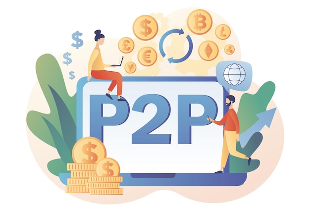 Peer-to-peer trading online. P2P lending. Tiny people invest e-money. Investment in loan. Deposit