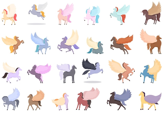 Pegasus icons set cartoon vector Ancient greek