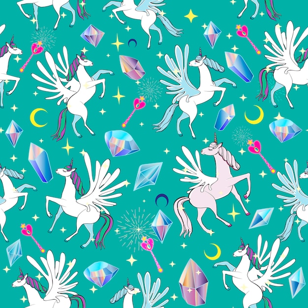 Pegasus in the starry sky Moon magic wands constellations Seamless pattern in children's style