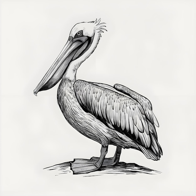 Pelican monochrome ink sketch vector drawing engraving style illustration