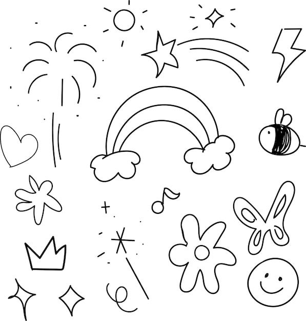 Pen liner doodle elements crown emphasis arrow speech bubble scribble Handdrawn cute cartoon pe