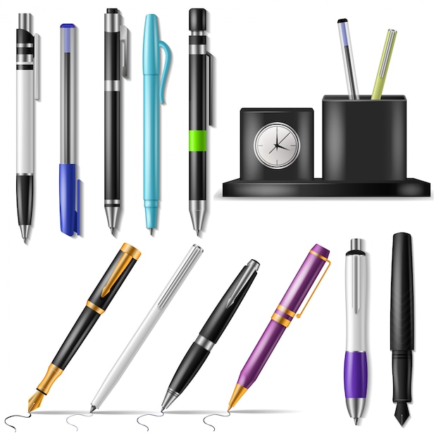 Pen vector office fountainpen or business ballpoint ink and sign of writing tools illustration set