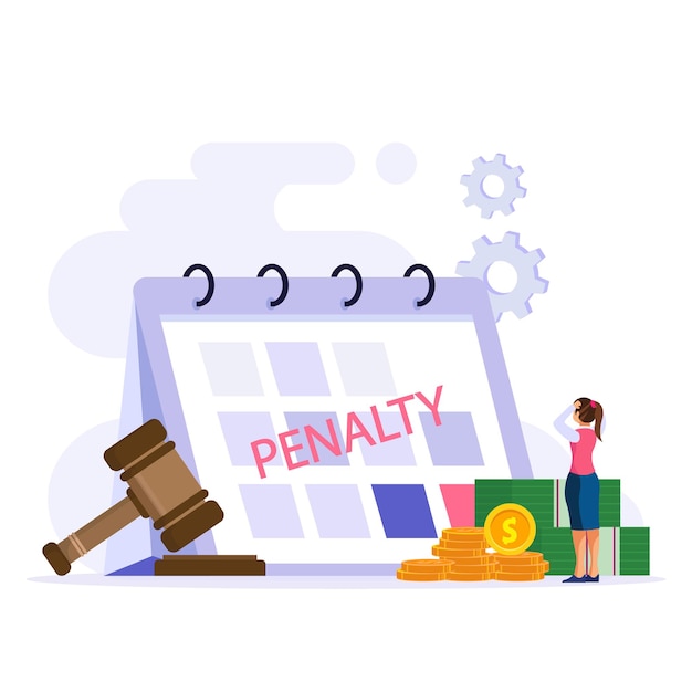 Penalty vector concept Stressful businesswoman looking at a charge and expense punishment notice