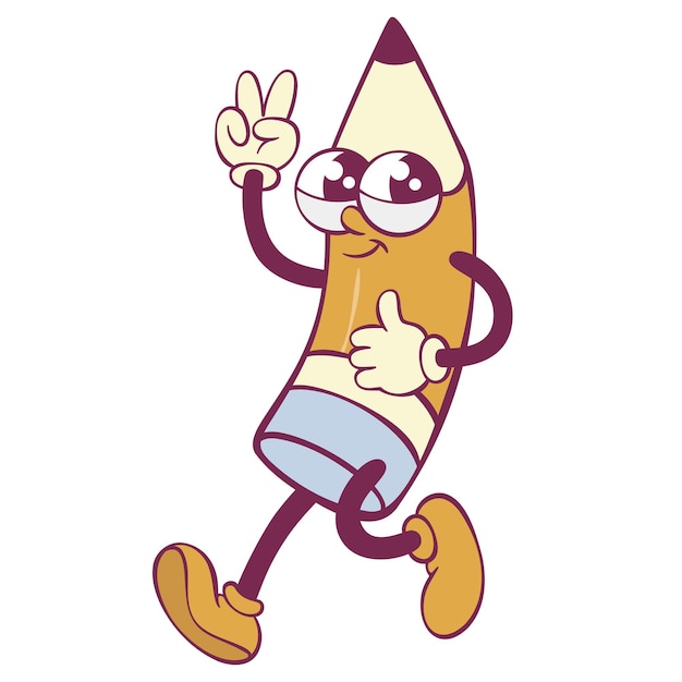 Pencil character retro groovy mascot