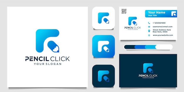 pencil click logo design and business card premium vector