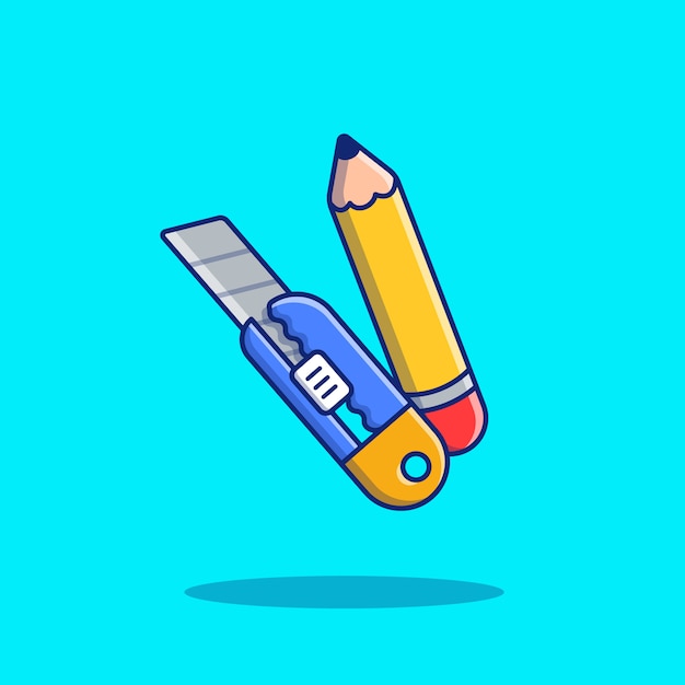 Pencil And Cutter Cartoon   Icon Illustration. Education Icon Concept Isolated  . Flat Cartoon Style