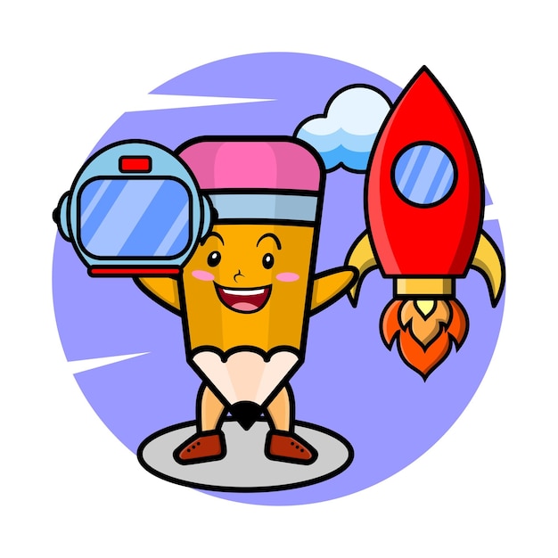 Pencil mascot cartoon character as astronaut with rocket helm and cloud in cute style