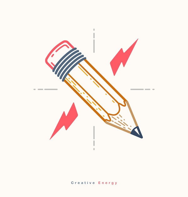 Pencil with lightning bolt vector simple trendy logo or icon for designer or studio, creative energy, bright design, linear style.