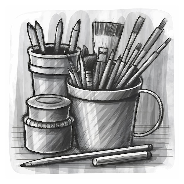 Vector pencils and pens in a holder glass for stationery black and white vector