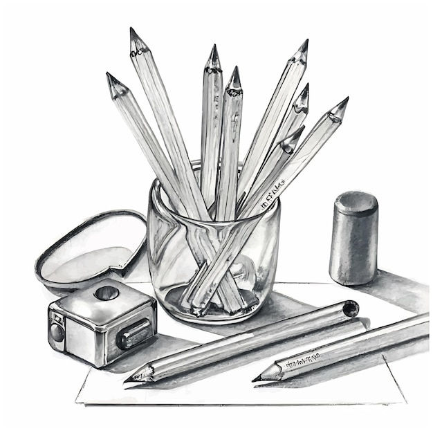 Pencils and pens in a holder Glass for stationery Black and white vector