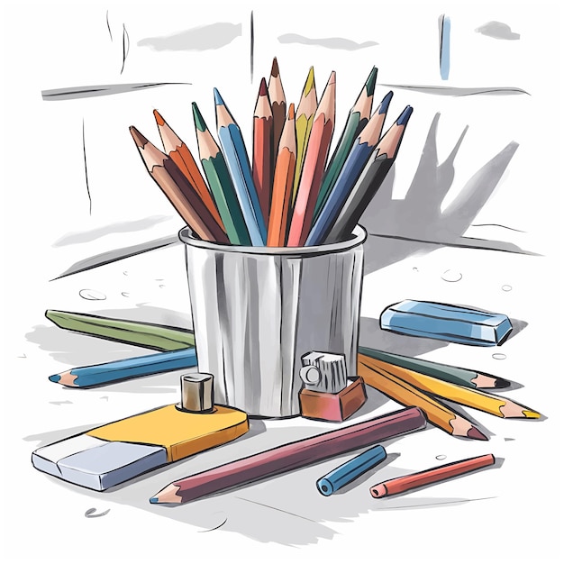 Pencils and pens in a holder Glass for stationery Black and white vector