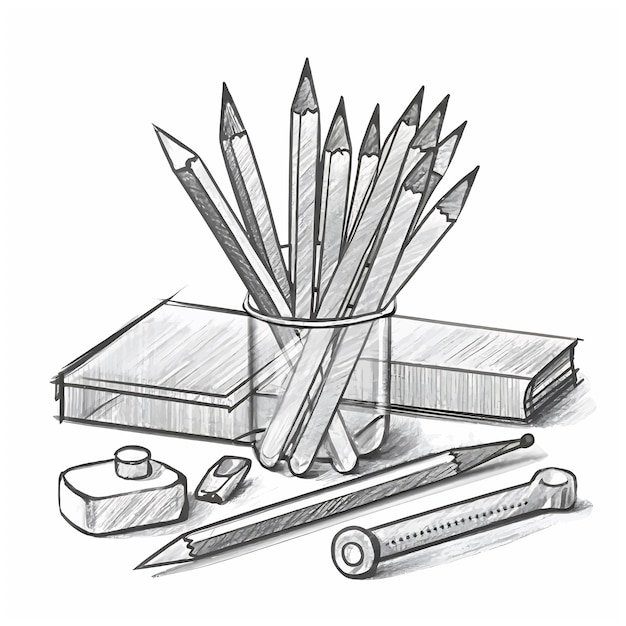 Pencils and pens in a holder Glass for stationery Black and white vector