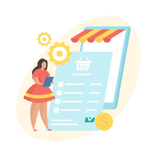 Pending payment. Flat vector illustration. Digital shopping order processing status icon. Female cartoon character standing and examining invoice