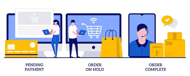 Pending payment, order on hold, order complete concept. Set of electronic payment system