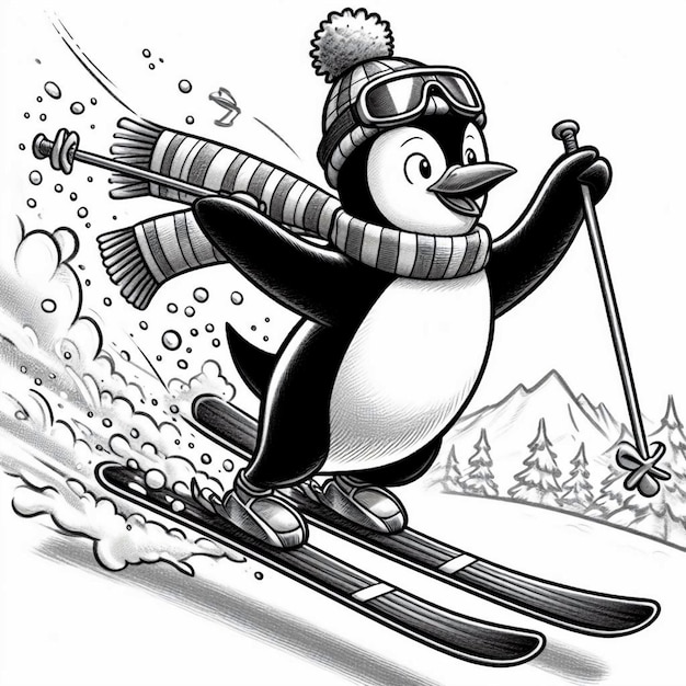 penguin black and white skiing isolated illustration