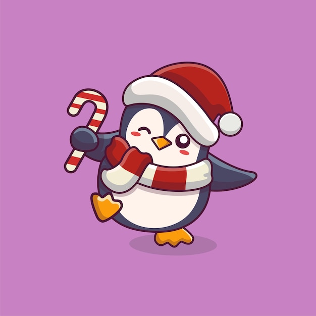 penguin cartoon dancing with candy cane and christmas hat cute penguin holding candy cane christmas