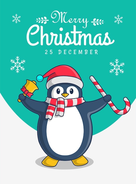 Penguin character illustration with merry christmas greeting